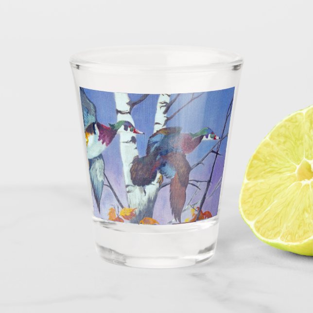 Wood Ducks Flying Shot Glass (Front)