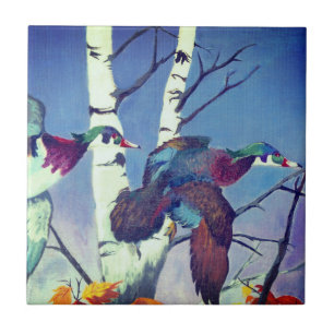 Wood Ducks in Flight Ceramic Tile
