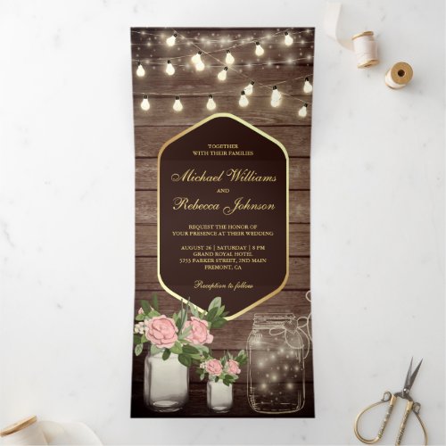 Wood Dusty Roses Mason Jar String Lights Wedding Tri_Fold Invitation