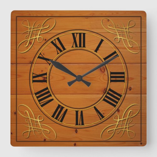 Wood Effect Faced Clock With Roman Numerals