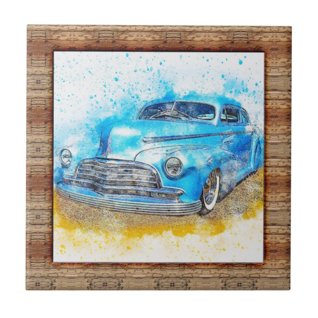 Wood Effect Framed Abstract Art Car Ceramic Tile (Front)