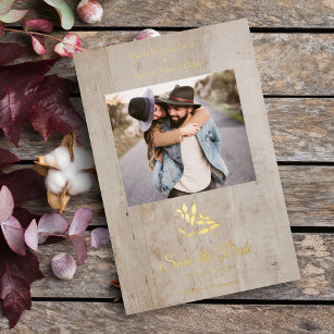 Wood Effect Rustic Dragonfly Couple Photo Foil Invitation