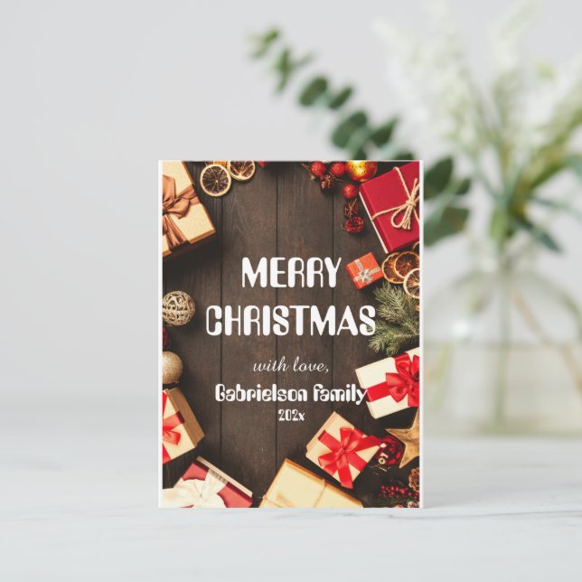 wood elegant family christmast customize  holiday postcard (Standing Front)