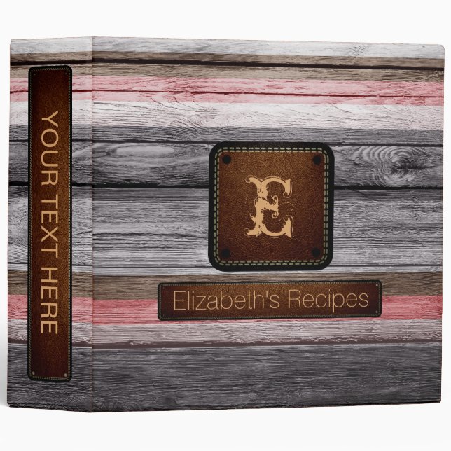 Wood Elegant Monogram Leather Look #15 3 Ring Binder (Front/Spine)