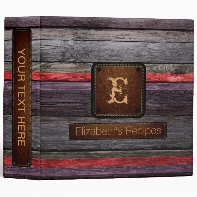 Wood Elegant Monogram Leather Look #2 3 Ring Binder (Front/Spine)