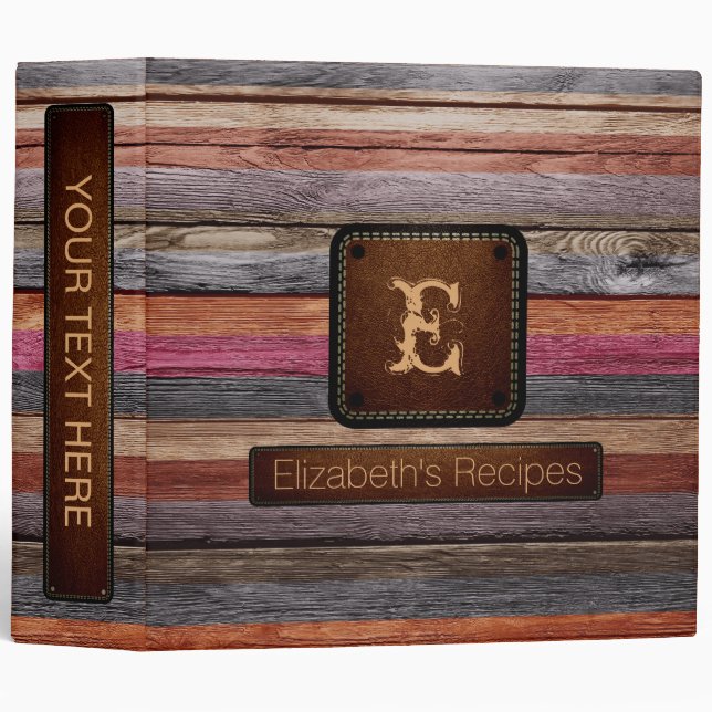 Wood Elegant Monogram Leather Look 3 Ring Binder (Front/Spine)