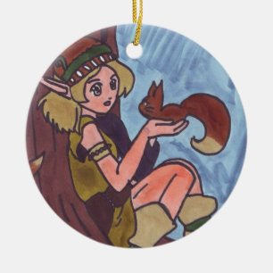 Wood Elf With Squirrel Ceramic Ornament