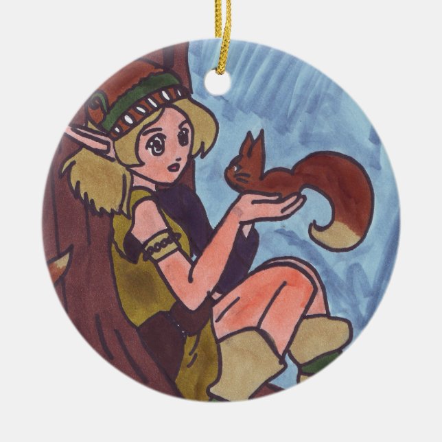 Wood Elf With Squirrel Ceramic Ornament (Front)