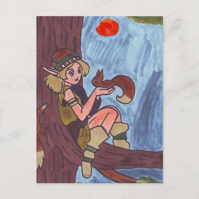 Wood Elf With Squirrel Postcard (Front)