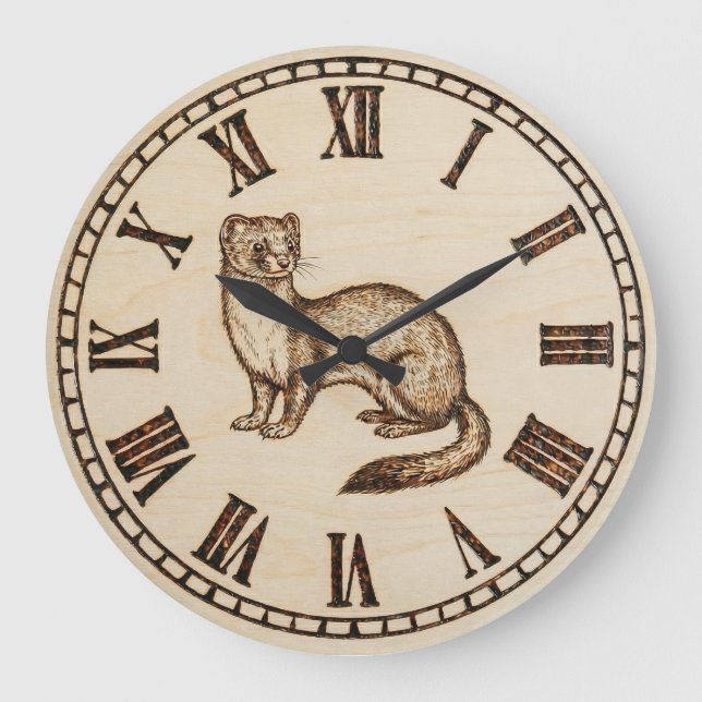 Wood Engraved Ferret Wall Clock (Front)
