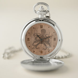 Wood Engraved Look Octopus Pocket Watch