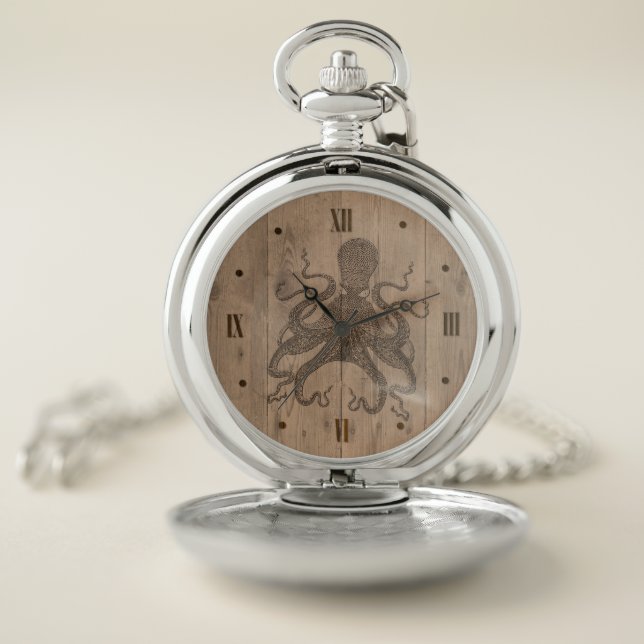 Wood Engraved Look Octopus Pocket Watch (Inside)