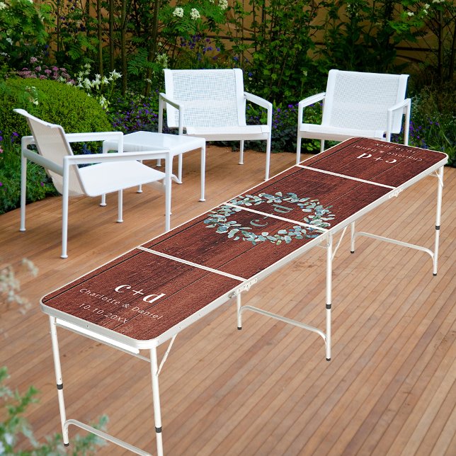 Wood eucalyptus greenery wreath monogram wedding beer pong table (Creator Uploaded)