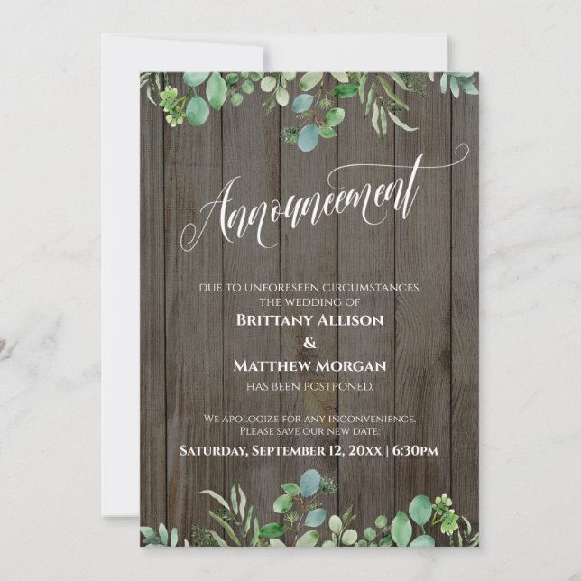 Wood & Eucalyptus Postponed Wedding Announcement (Front)