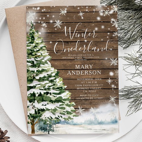 Wood Evergreen Winter Onederland 1st Birthday Invitation