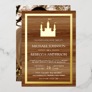 Wood Fairytale Castle Photo Wedding Gold Foil Invitation