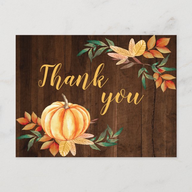 Wood Fall Watercolor Orange Pumpkin Thank You Postcard (Front)