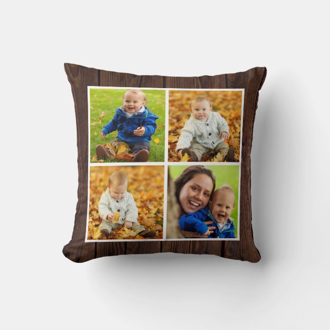 Wood Farmhouse Family Photo Collage Throw Pillow (Front)