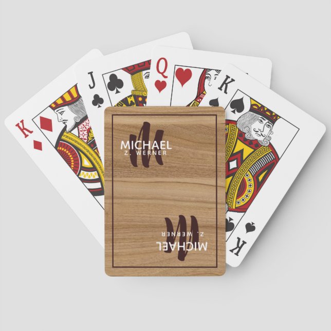 wood (faux-wood) brown wooden rustic monogrammed poker cards (Back)