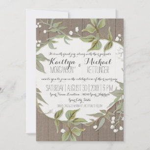 Wood Fence Laurel Leaf Foliage w Flowers Wreath Invitation