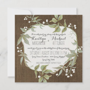 Wood Fence Laurel Leaf Wreath w Babys Breath Art Invitation