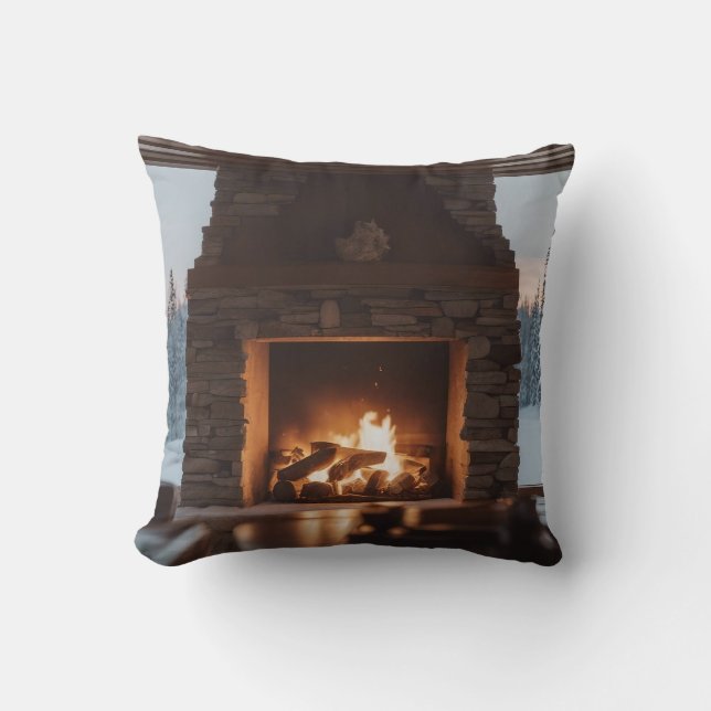 Wood fire in a fireplace. throw pillow (Front)