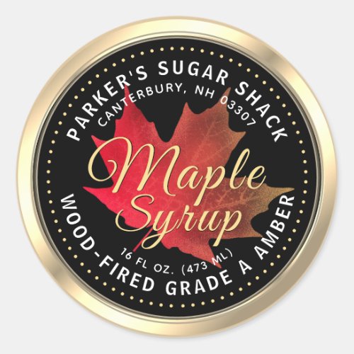 Wood_fired Maple Syrup Autumn Leaf Gold on Black Classic Round Sticker
