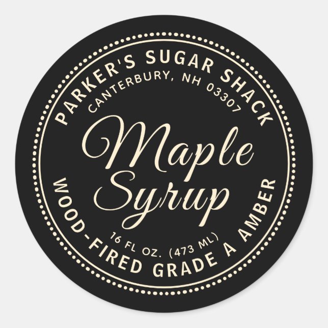 Wood-fired Maple Syrup on Black Editable Label (Front)