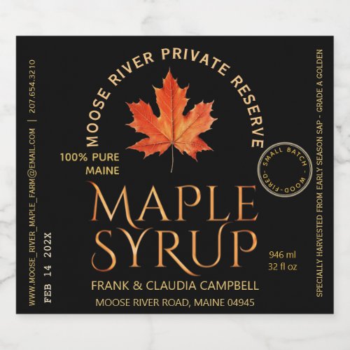 Wood Fired Maple Syrup State Name and Harvest Date Liquor Bottle Label