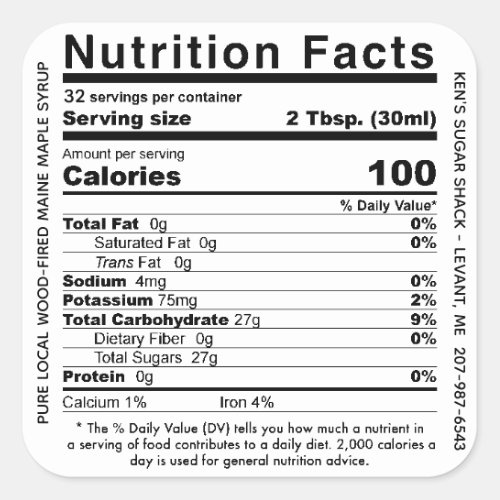 Wood Fired State Name Maple Syrup Nutrition Facts  Square Sticker