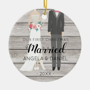 Wood First Christmas Bride and Groom Ceramic Ornament