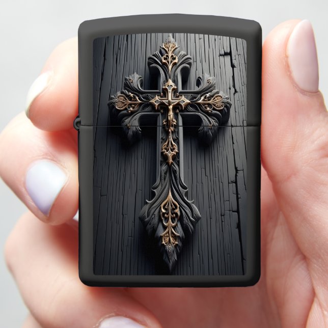 Wood, Flame, and Faith: Carved Cross Zippo Lighter (In Hand)