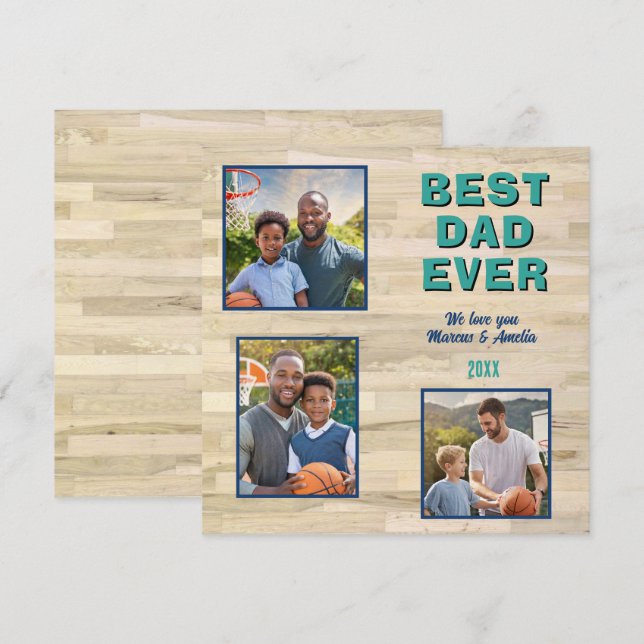Wood Floor Best Dad Ever 3 Photo Collage Father Holiday Card (Front/Back)