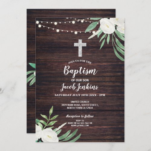 Wood Floral Baptism Green Christening Flower White Invitation