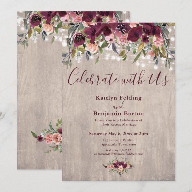 Wood Floral Lights Celebrate with Us Reception Invitation (Front/Back)