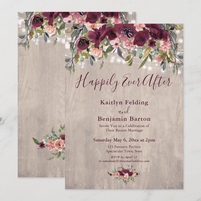 Wood Floral Lights Happily Ever After Reception Invitation (Front/Back)