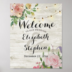 Wood Floral Lights Wedding Welcome Reception Sign