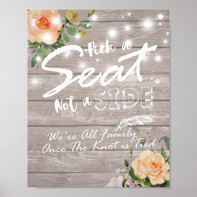 Wood Floral Pick A Seat Not A Side Wedding Sign (Front)