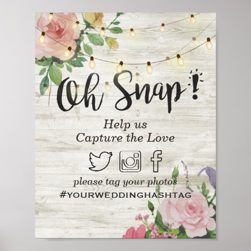 Wood Floral String Light Snap Hashtag Wedding Sign