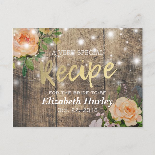 Wood Floral String Lights Bridal Shower Recipe Invitation Postcard (Front)