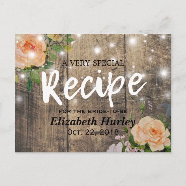 Wood Floral String Lights Bridal Shower Recipe Invitation Postcard (Front)