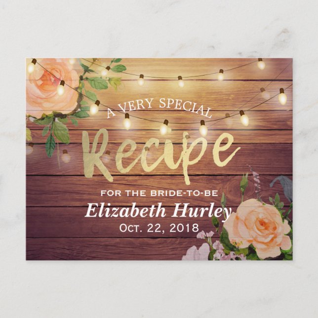 Wood Floral String Lights Bridal Shower Recipe Invitation Postcard (Front)