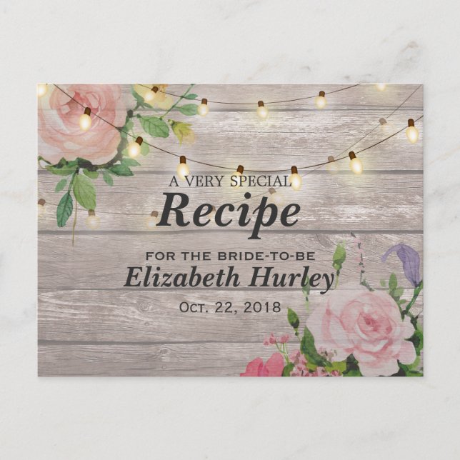 Wood Floral String Lights Bridal Shower Recipe Invitation Postcard (Front)