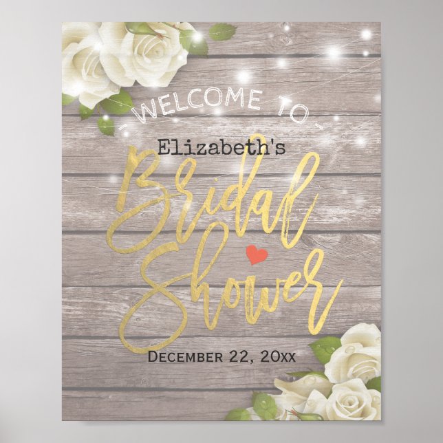 Wood Floral String Lights Bridal Shower Welcome Poster (Front)
