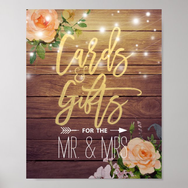 Wood Floral String Lights Cards Gifts Wedding Sign (Front)