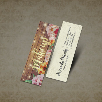 Wood Floral String Lights Gold Script Makeup Salon Mini Business Card by ReadyCardCard at Zazzle