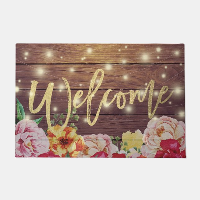 Wood Floral String Lights Gold Script Welcome Mats (Front)