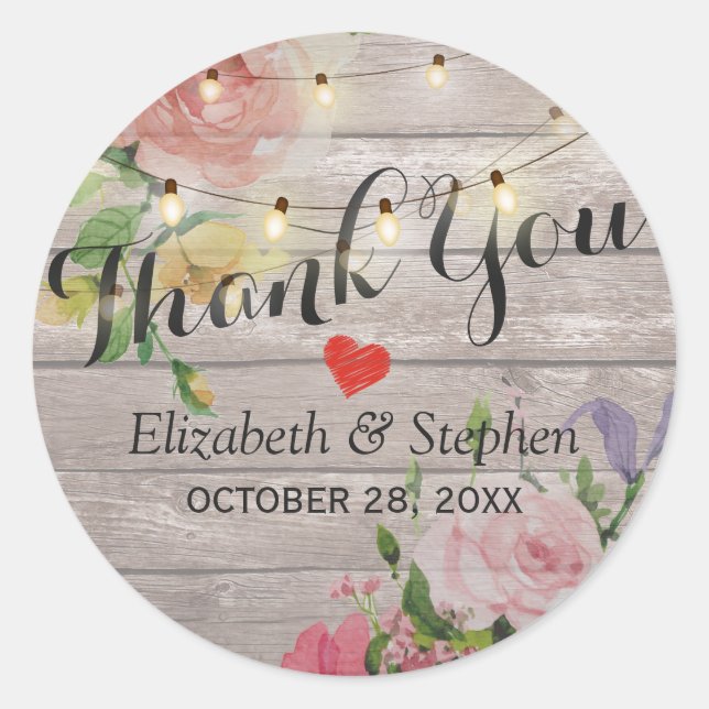 Wood Floral String Lights Wedding Favor Thank You Classic Round Sticker (Front)