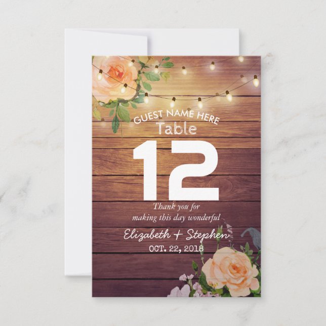 Wood Floral String Lights Wedding Place Table No. Invitation (Front)