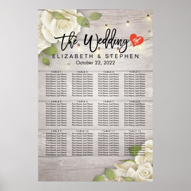 Wood Floral String Lights Wedding Seating Chart (Front)